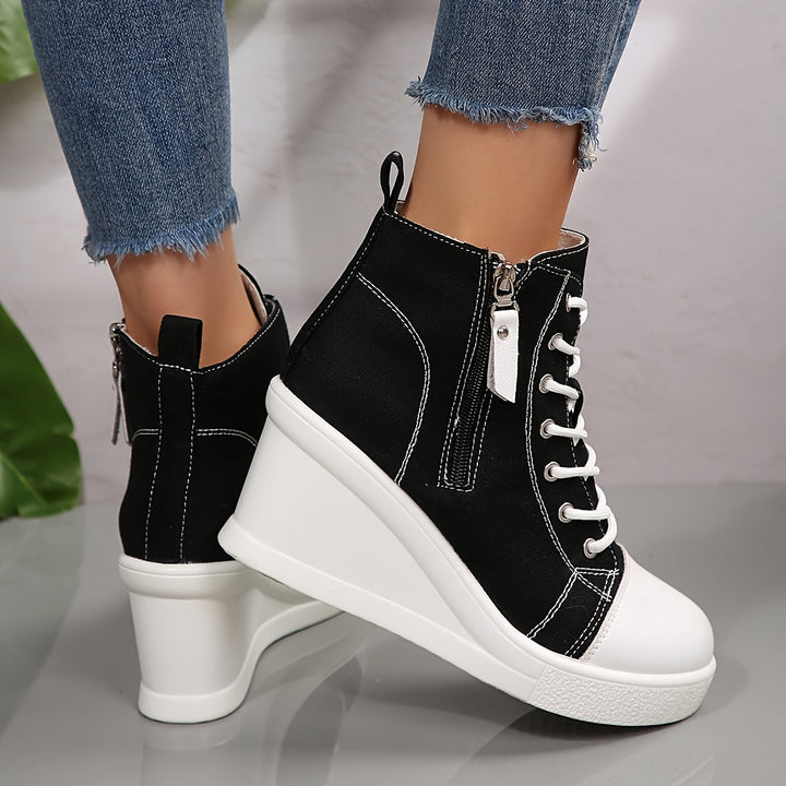 Sneakers dames | Zwart hoog model met sleehak en veters