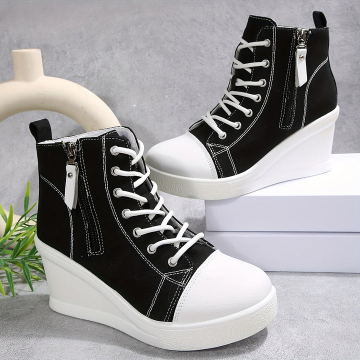 Sneakers dames | Zwart hoog model met sleehak en veters
