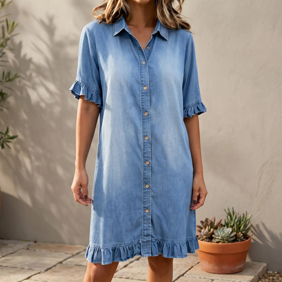 Spijkerjurk dames | Denim jurk met knopen en ruches