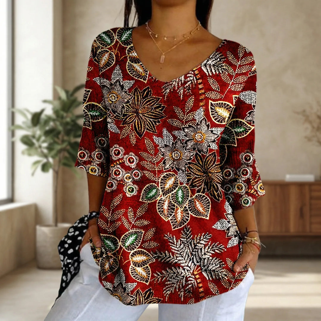 T shirt dames | Bladeren print met v hals