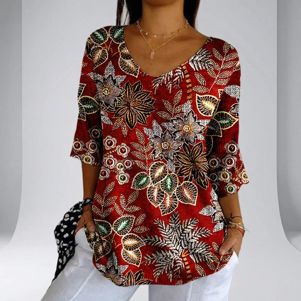 T shirt dames | Bladeren print met v hals