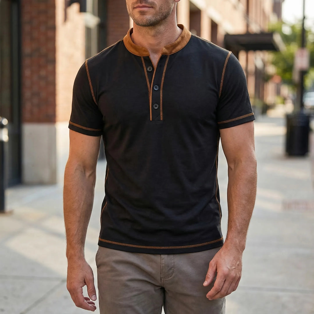 T shirt heren | Henley shirt met knopen en korte mouw