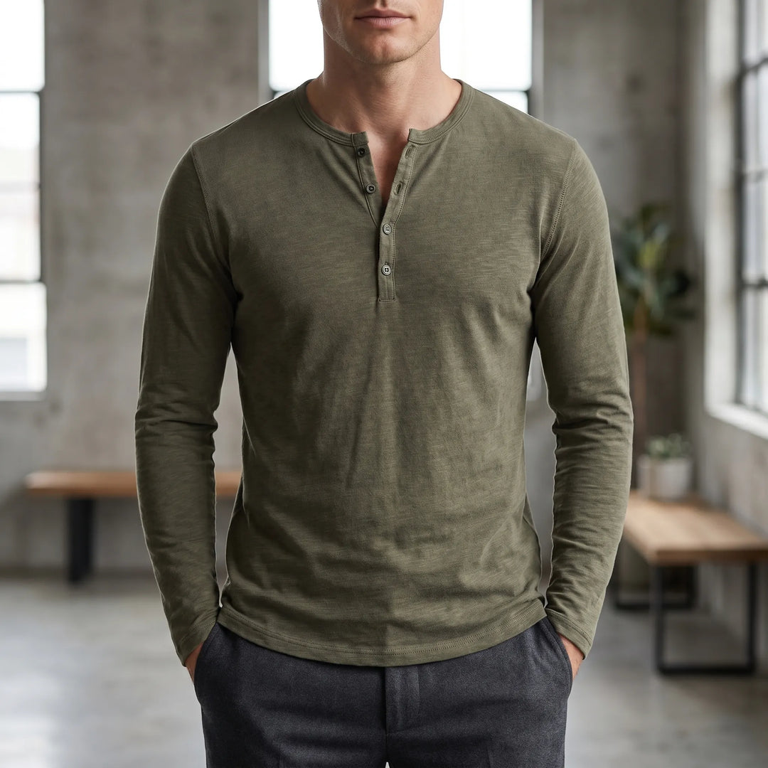 T shirt heren | Henley shirt met lange mouwen en knoopsluiting
