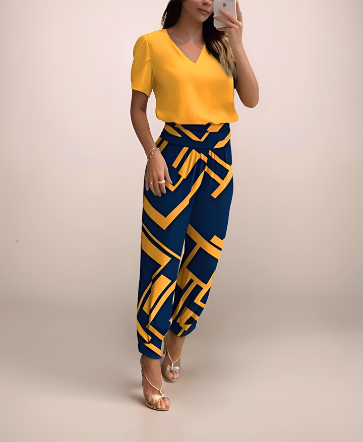 2-delige dames set met V-hals top en comfortabele broek