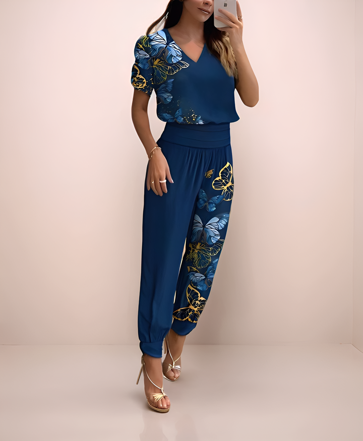 2-delige dames set met V-hals top en comfortabele broek