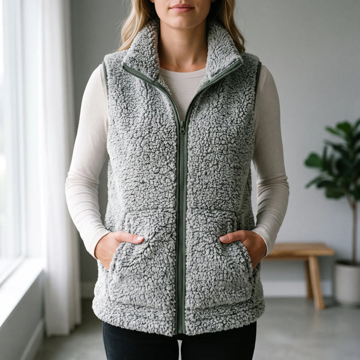 Teddy gilet dames | Mouwloos model met rits en hoge kraag