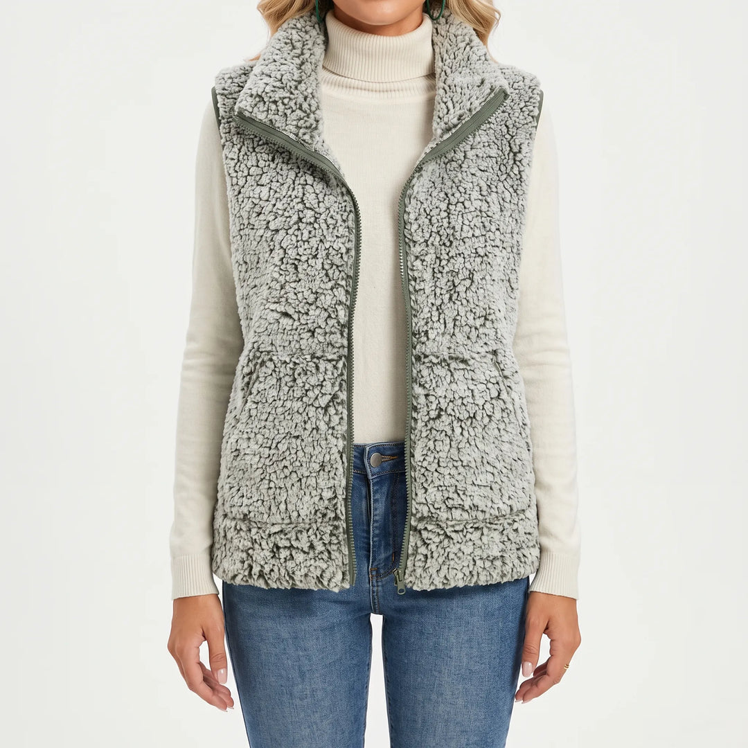 Teddy gilet dames | Mouwloos model met rits en hoge kraag