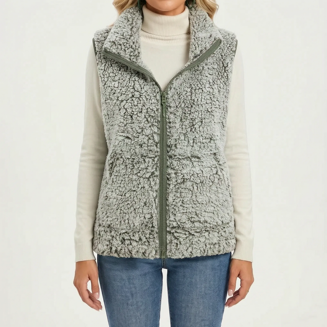Teddy gilet dames | Mouwloos model met rits en hoge kraag