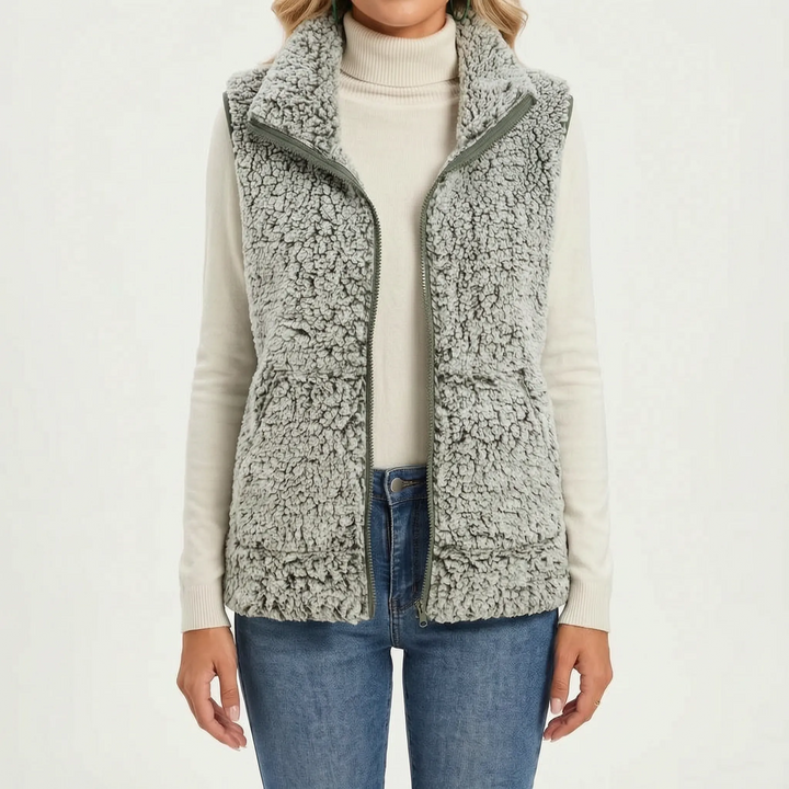 Teddy gilet dames | Mouwloos model met rits en hoge kraag