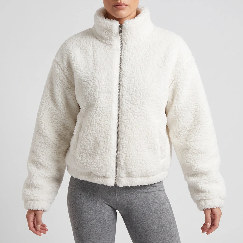 Teddy jas dames | Kort zacht model met rits en hoge kraag