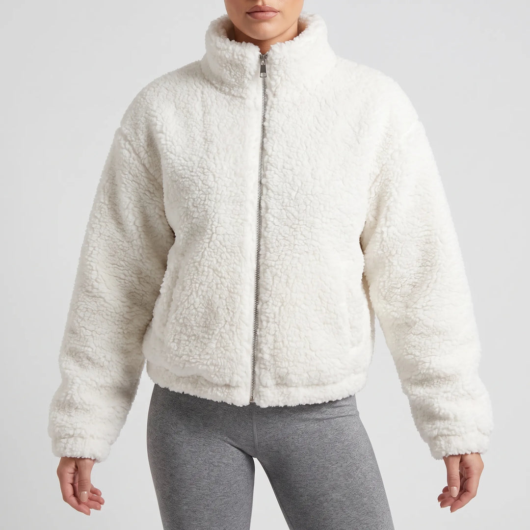 Teddy jas dames | Kort zacht model met rits en hoge kraag