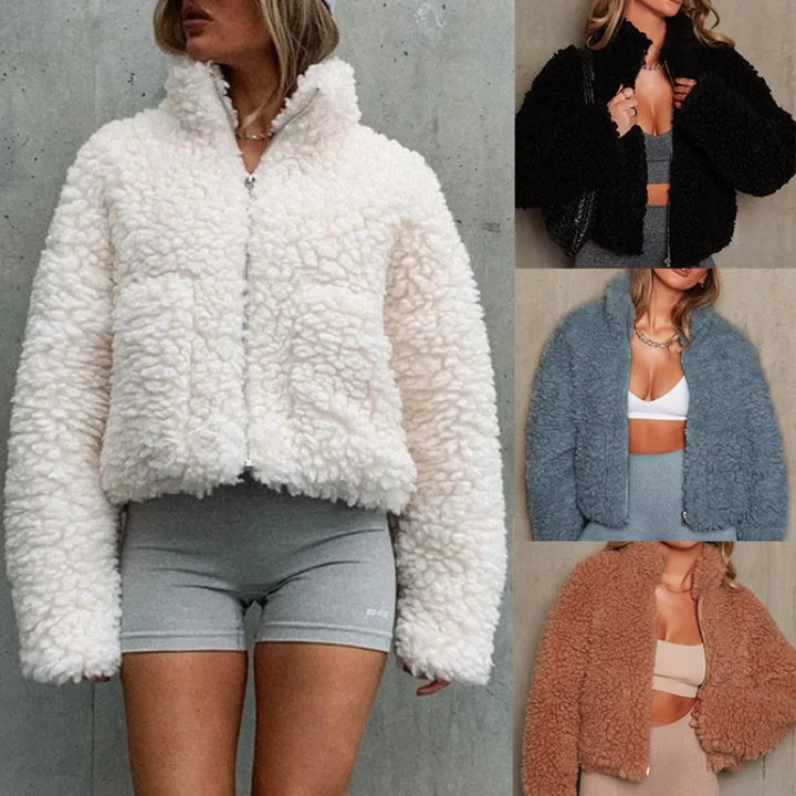 Teddy jas dames | Kort zacht model met rits en hoge kraag