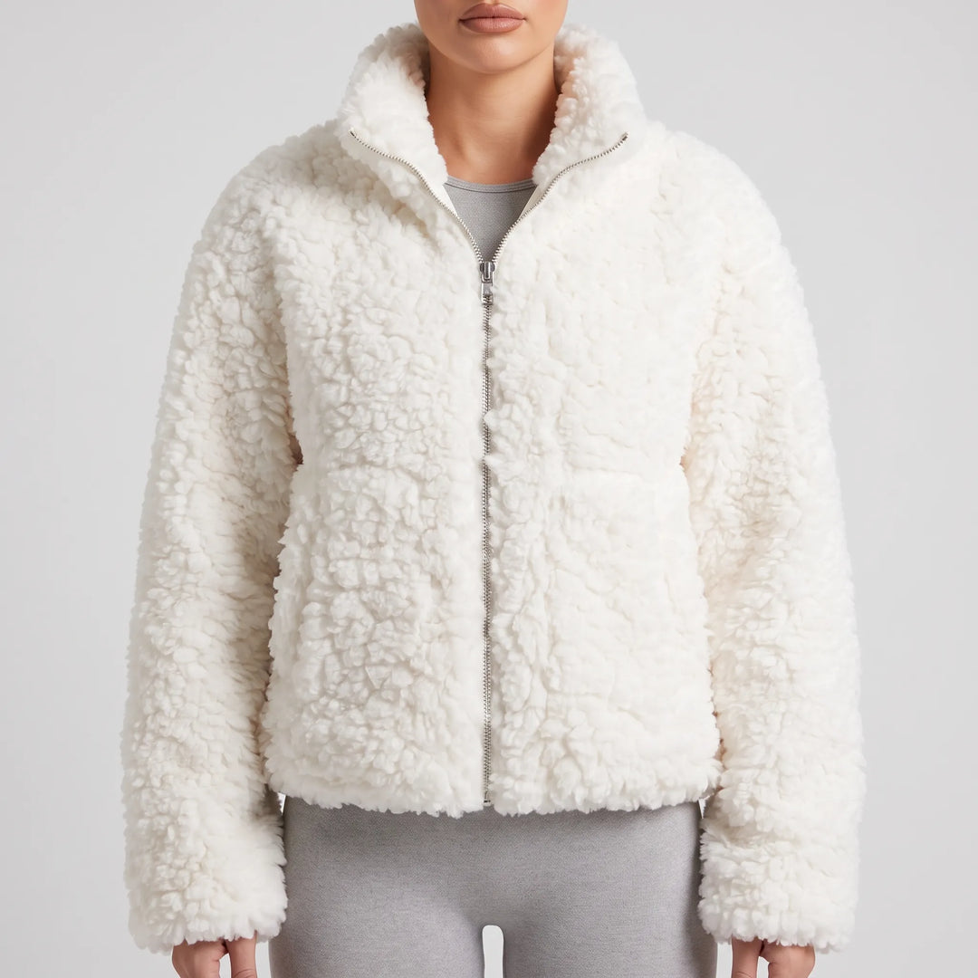 Teddy jas dames | Kort zacht model met rits en hoge kraag
