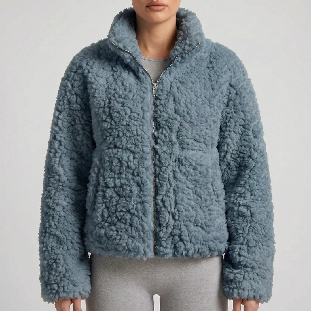 Teddy jas dames | Kort zacht model met rits en hoge kraag