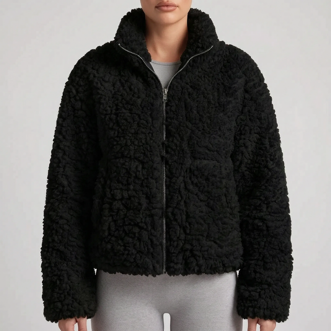 Teddy jas dames | Kort zacht model met rits en hoge kraag