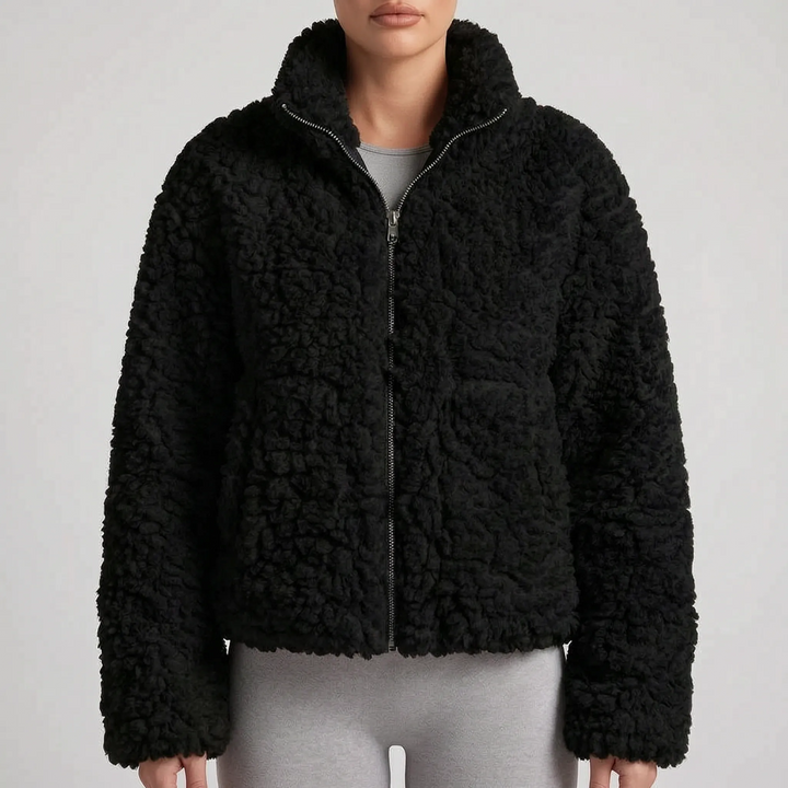 Teddy jas dames | Kort zacht model met rits en hoge kraag