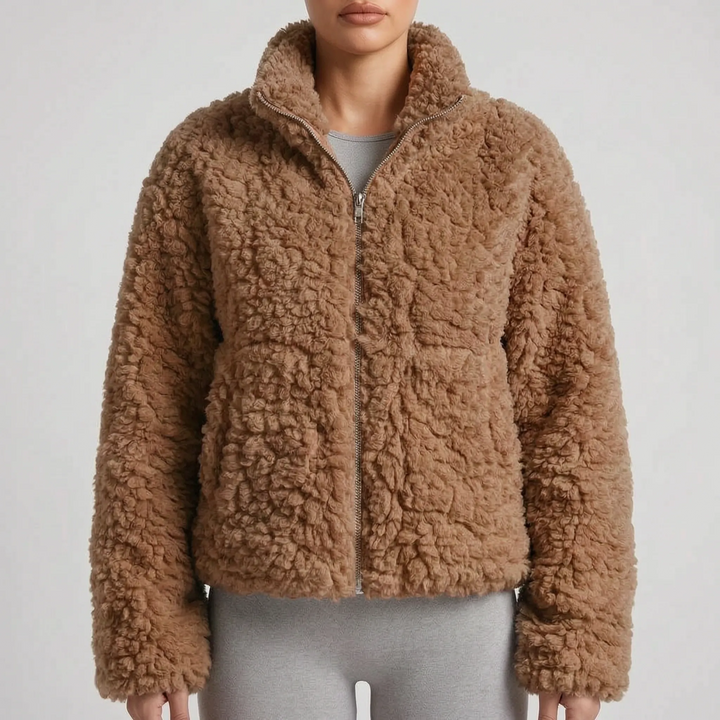 Teddy jas dames | Kort zacht model met rits en hoge kraag