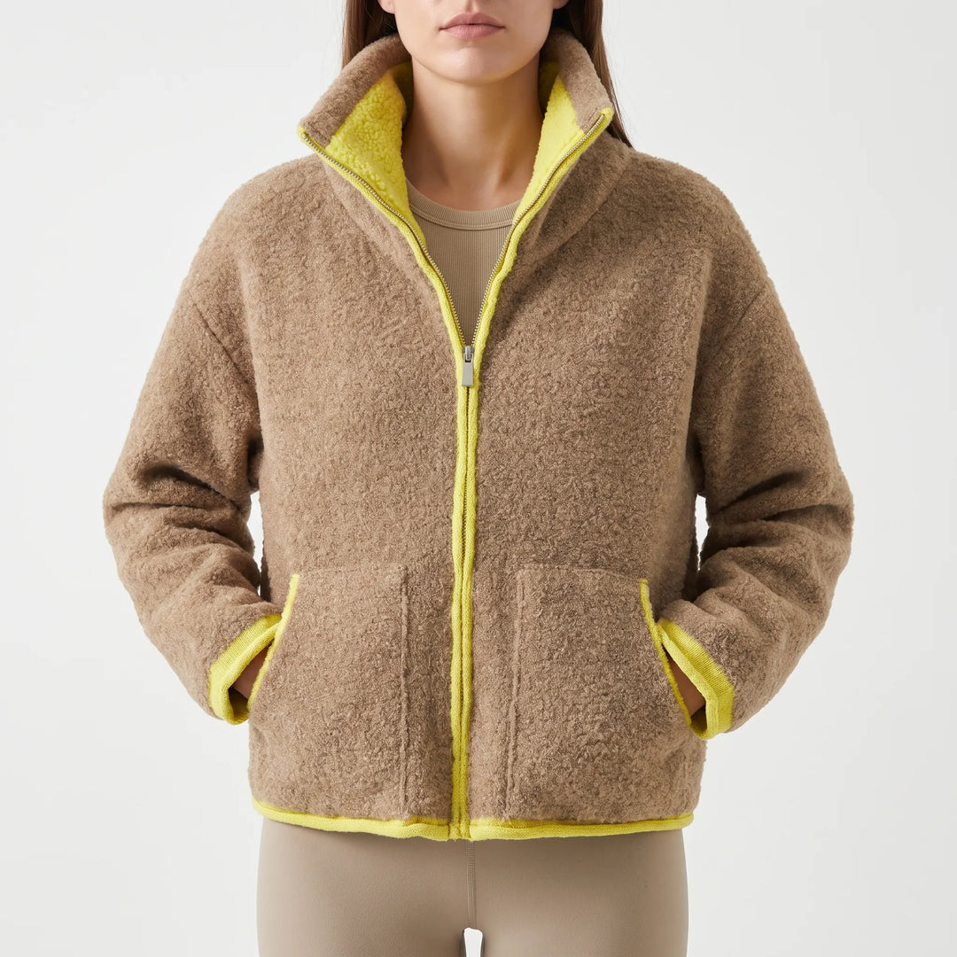 Teddy jas dames | Sportief model met contrastbies en rits