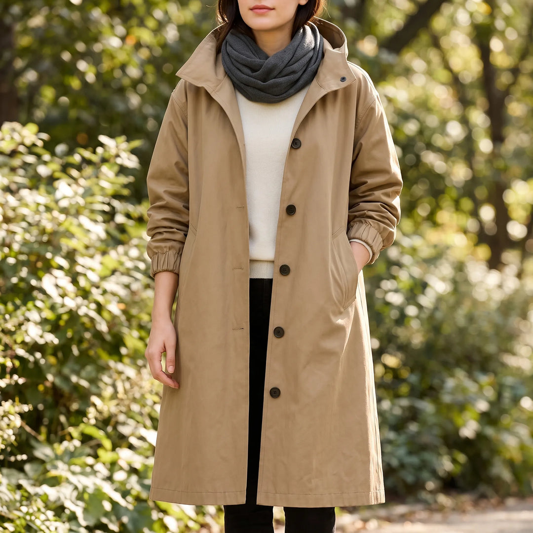 Trenchcoat dames | Lange jas met capuchon en knoopsluiting