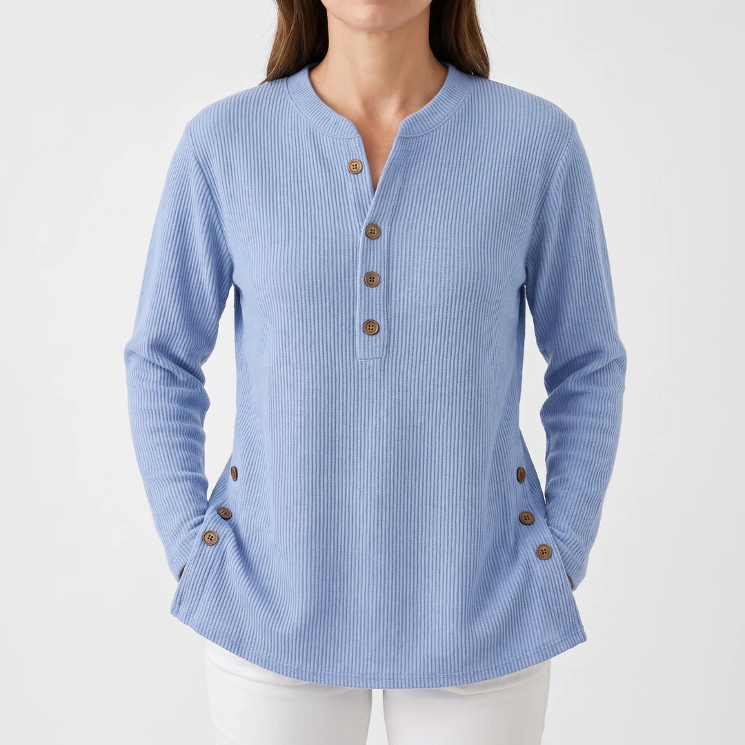 Trui dames | Geribd model met knoopdetails en ronde hals