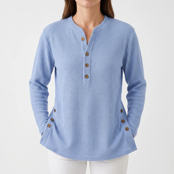 Trui dames | Geribd model met knoopdetails en ronde hals
