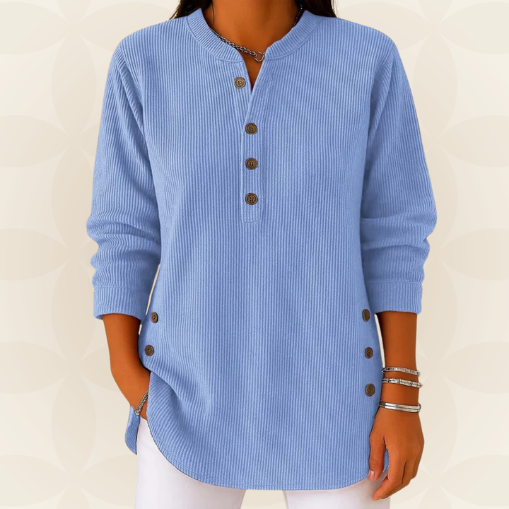 Trui dames | Geribd model met knoopdetails en ronde hals