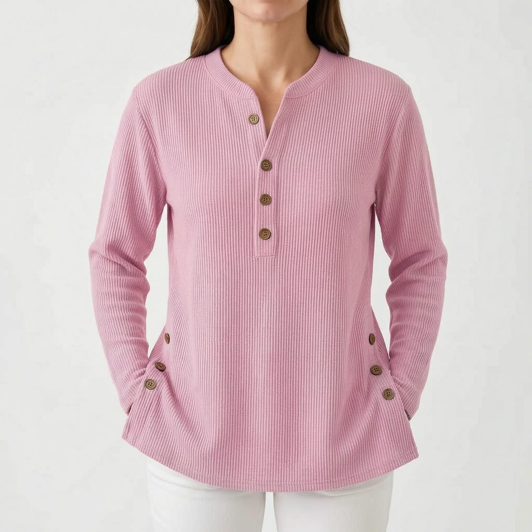 Trui dames | Geribd model met knoopdetails en ronde hals