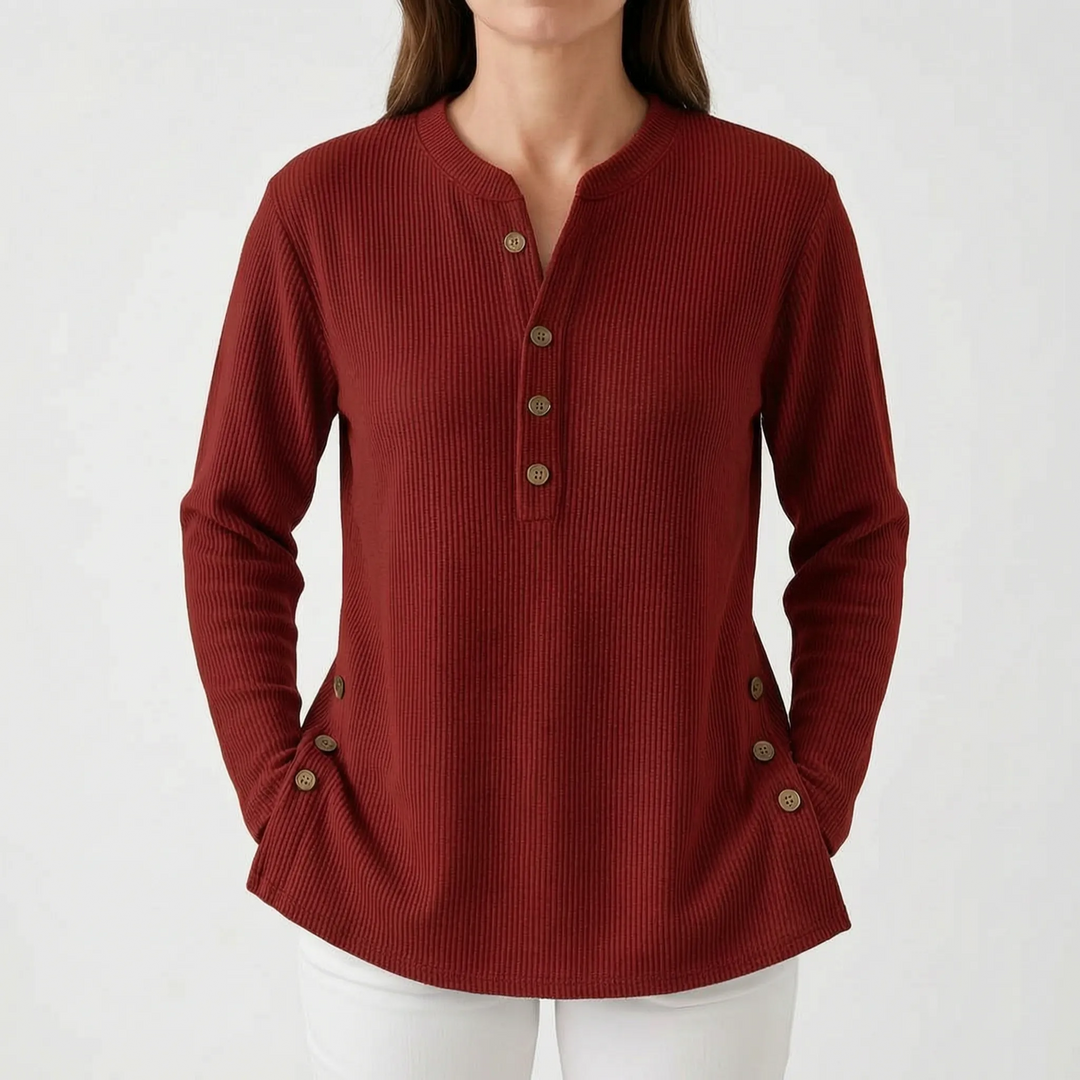 Trui dames | Geribd model met knoopdetails en ronde hals