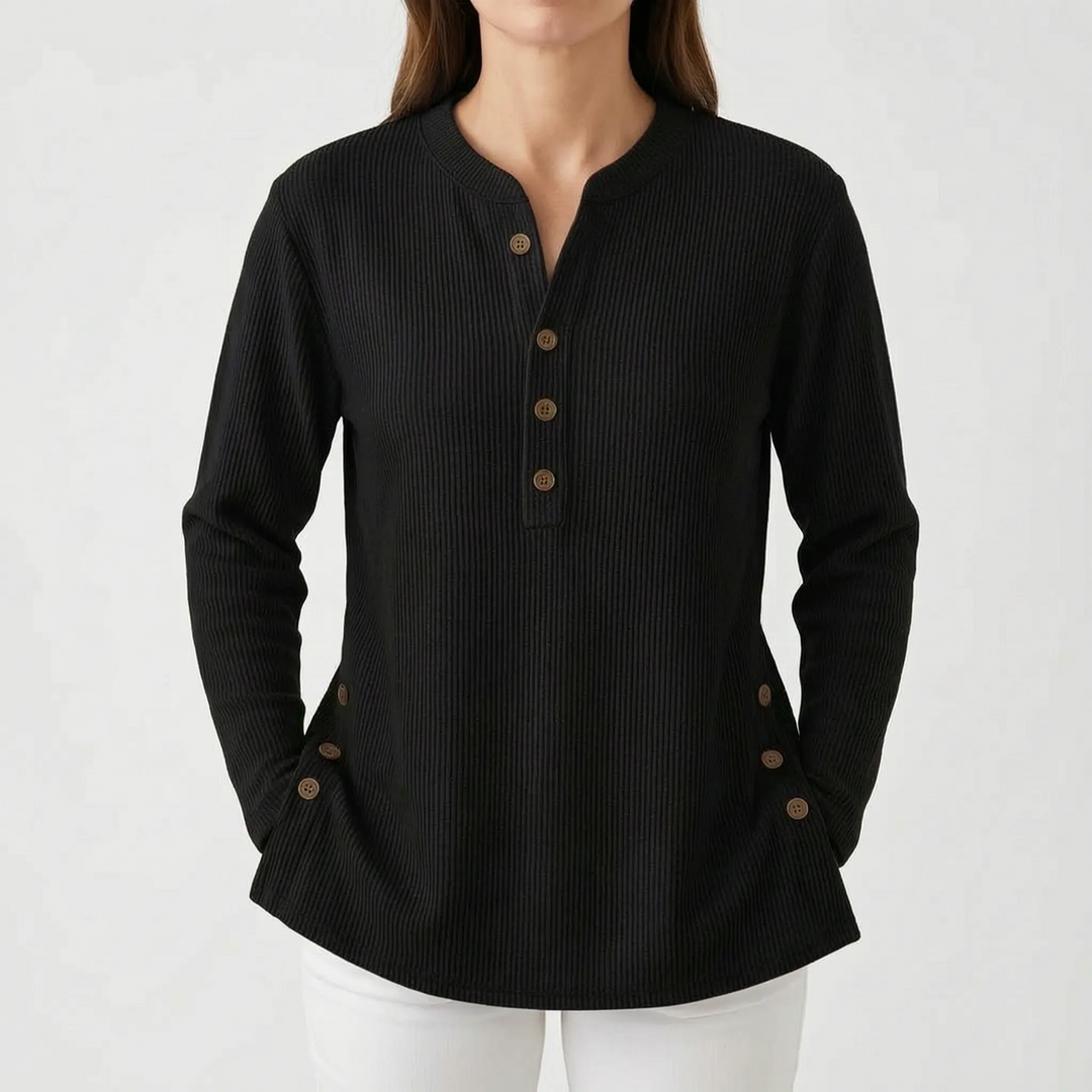 Trui dames | Geribd model met knoopdetails en ronde hals