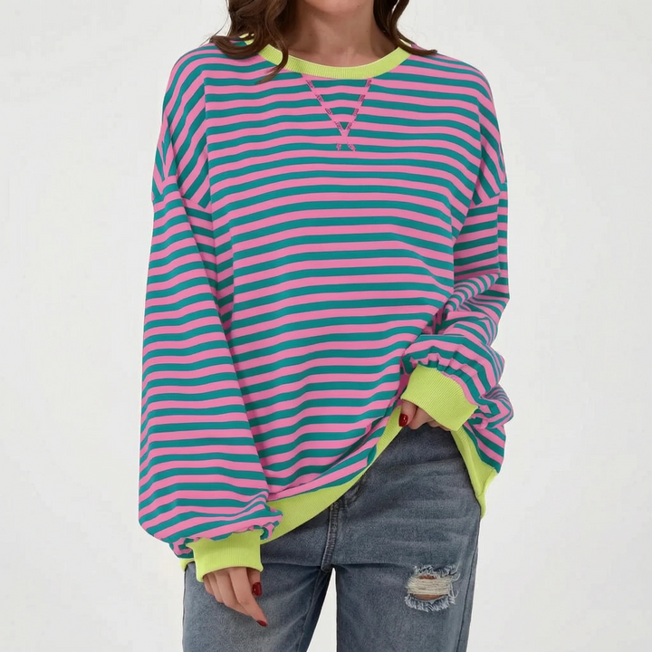 Trui dames | Groen gestreept oversized model met ronde hals