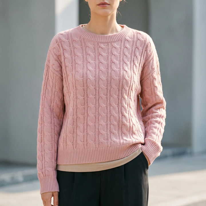 Trui dames | Grofgebreid model met kabelmouwen en ronde hals