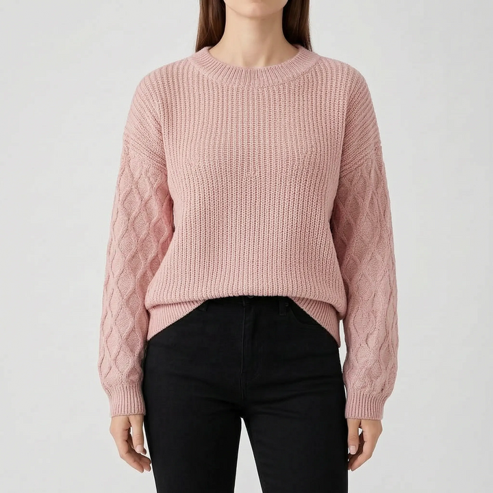Trui dames | Grofgebreid model met kabelmouwen en ronde hals