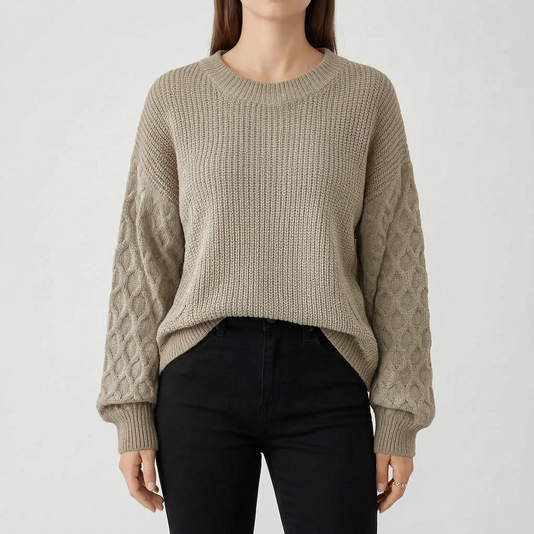 Trui dames | Grofgebreid model met kabelmouwen en ronde hals