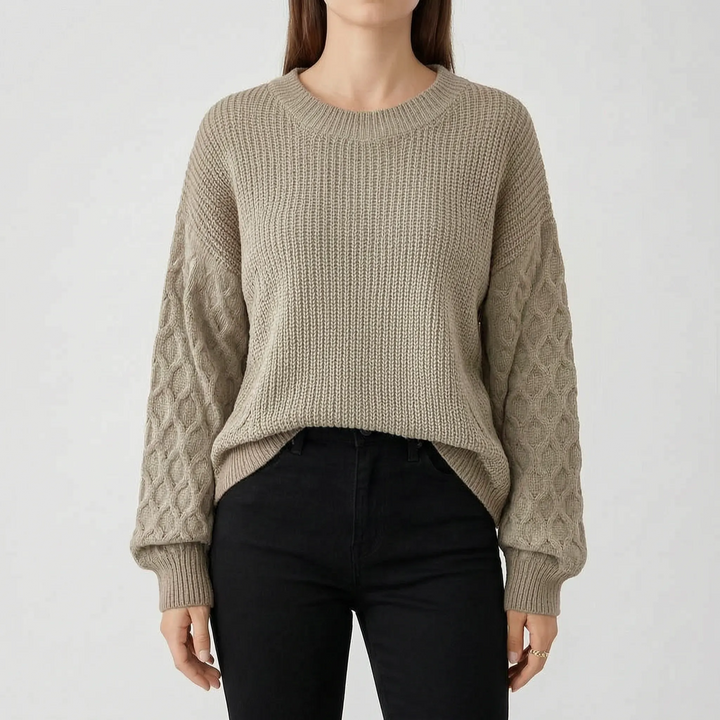 Trui dames | Grofgebreid model met kabelmouwen en ronde hals