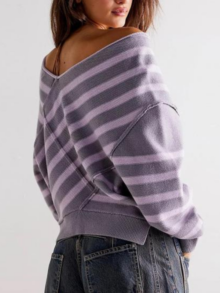Trui dames | Oversized gebreid model met strepen en v-hals