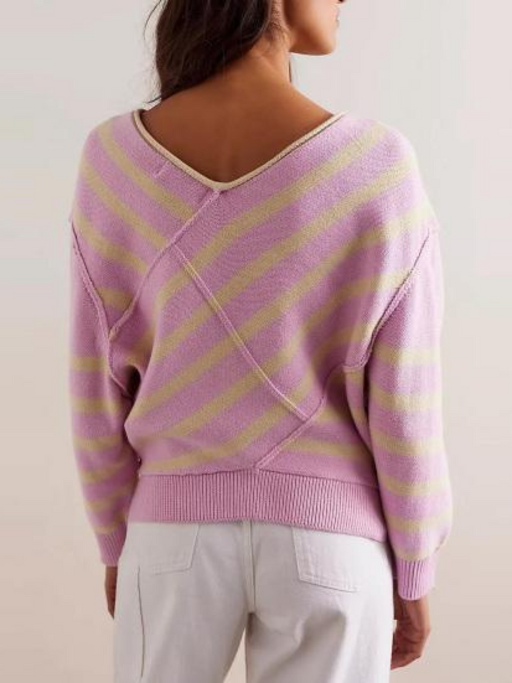 Trui dames | Oversized gebreid model met strepen en v-hals