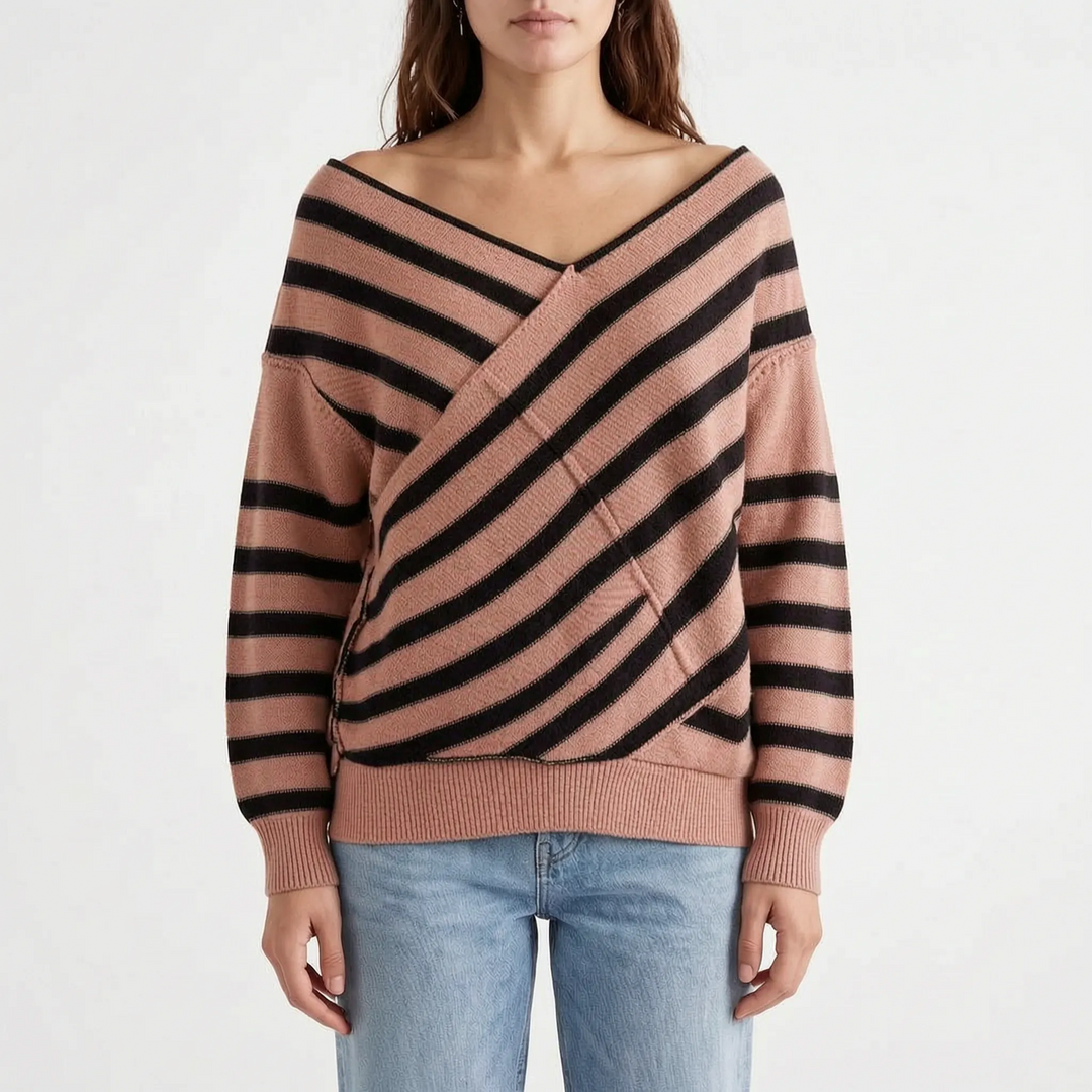 Trui dames | Oversized gebreid model met strepen en v-hals