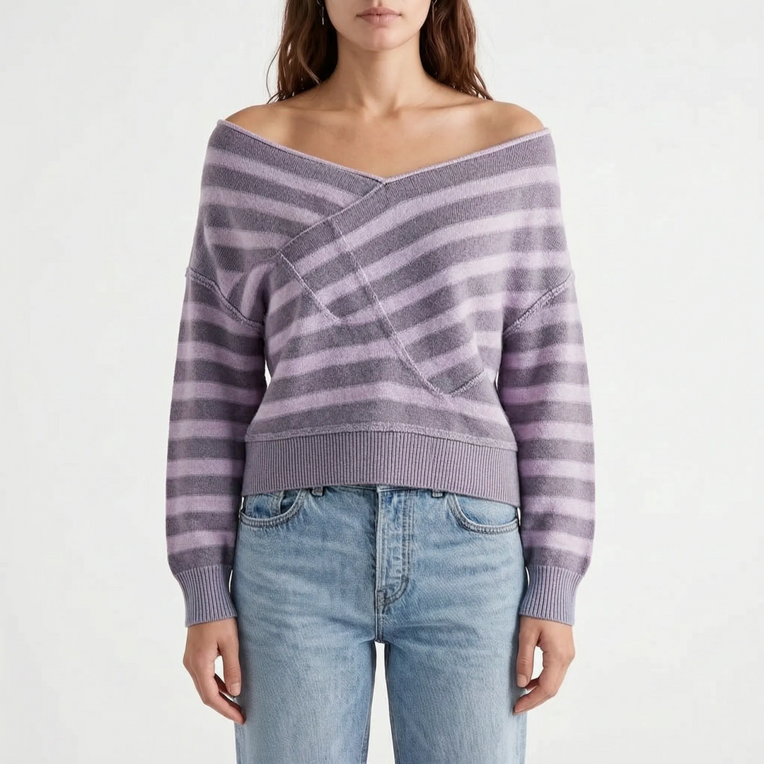 Trui dames | Oversized gebreid model met strepen en v-hals