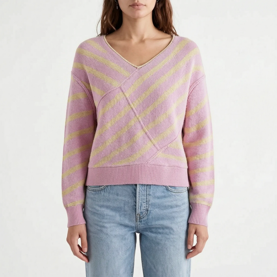 Trui dames | Oversized gebreid model met strepen en v-hals