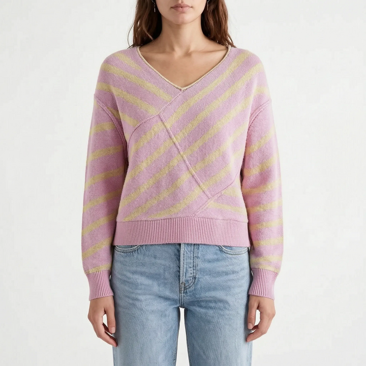 Trui dames | Oversized gebreid model met strepen en v-hals
