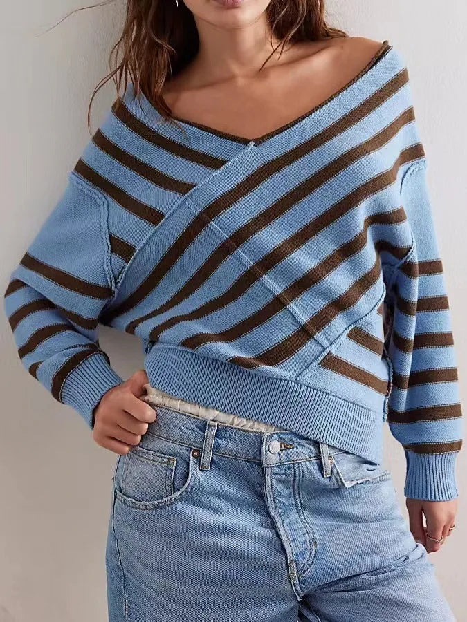 Trui dames | Oversized gebreid model met strepen en v-hals