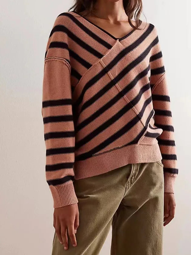 Trui dames | Oversized gebreid model met strepen en v-hals