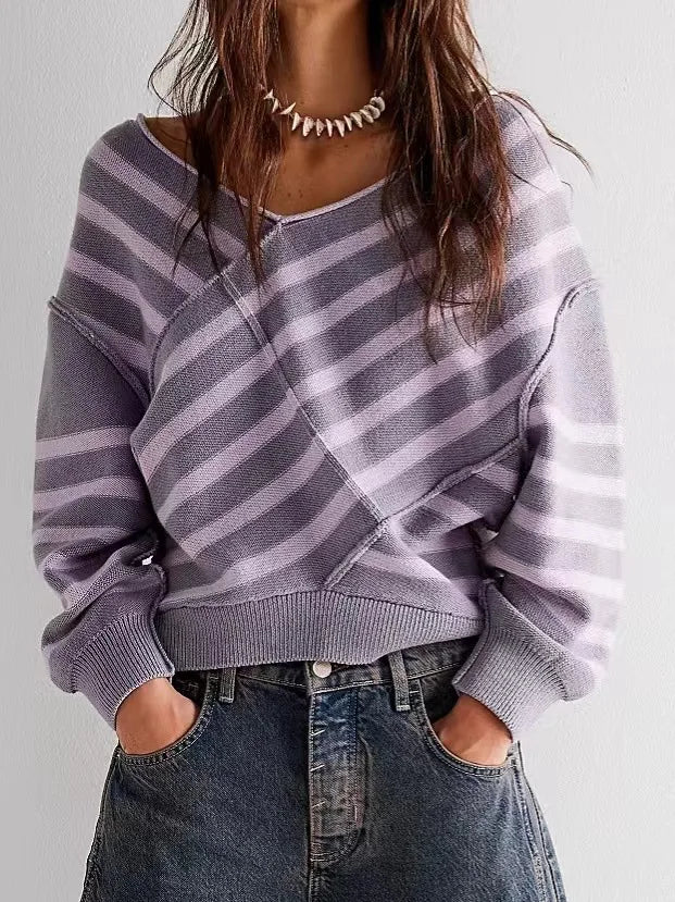 Trui dames | Oversized gebreid model met strepen en v-hals