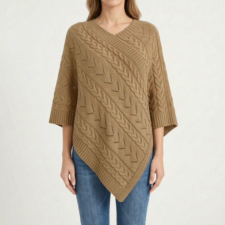 Trui dames | Oversized poncho met kabelpatroon en v-hals