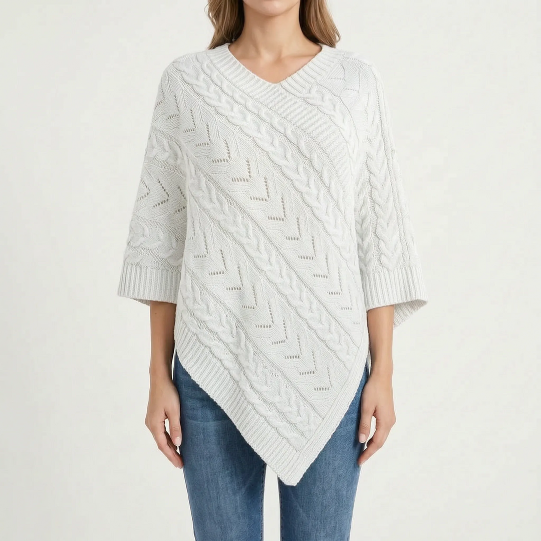 Trui dames | Oversized poncho met kabelpatroon en v-hals