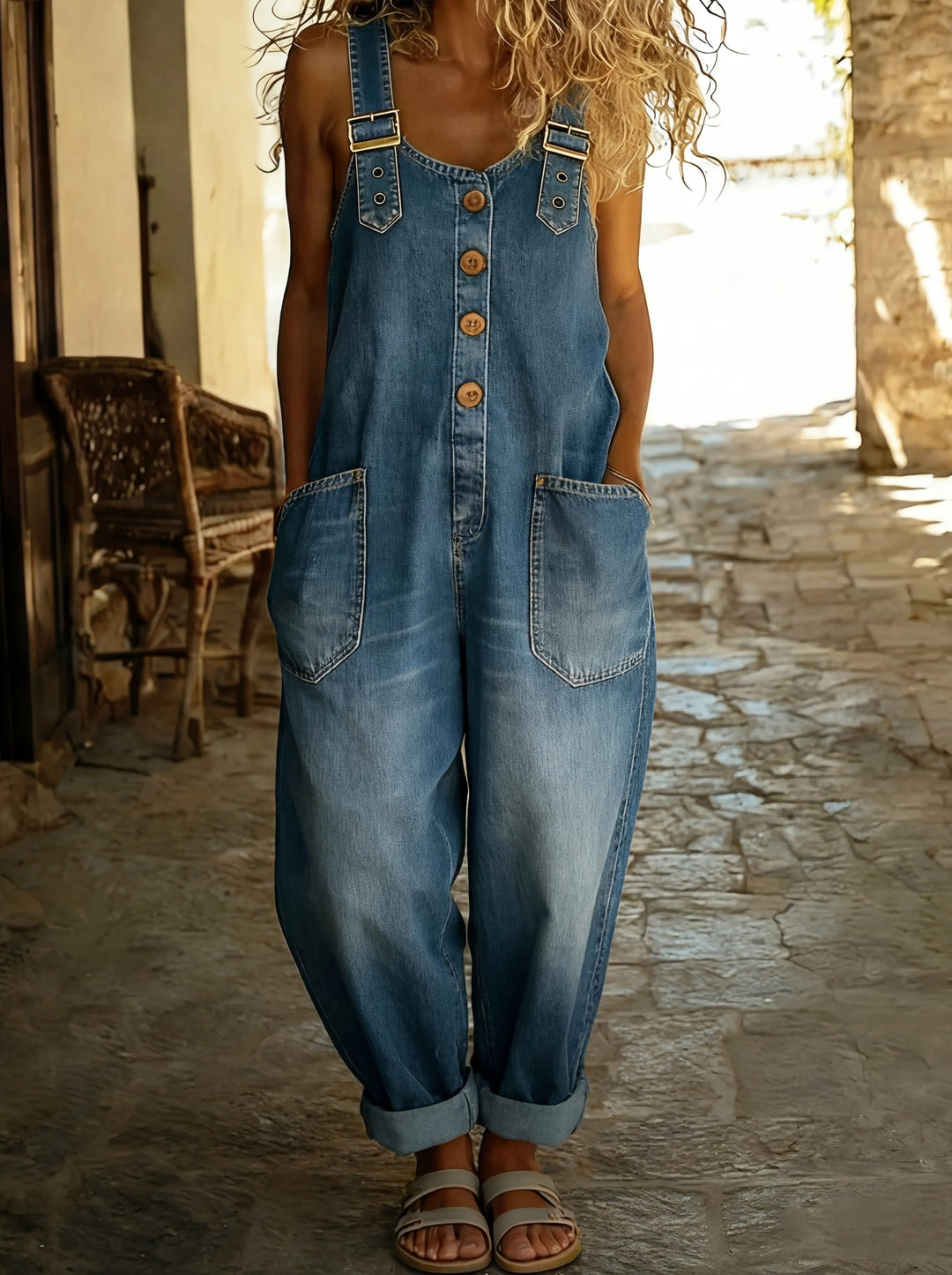 Tuinbroek dames | Denim jumpsuit met knopen en losse fit