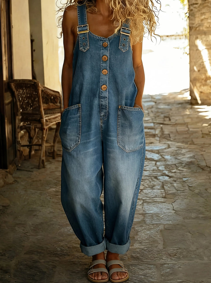 Tuinbroek dames | Denim jumpsuit met knopen en losse fit