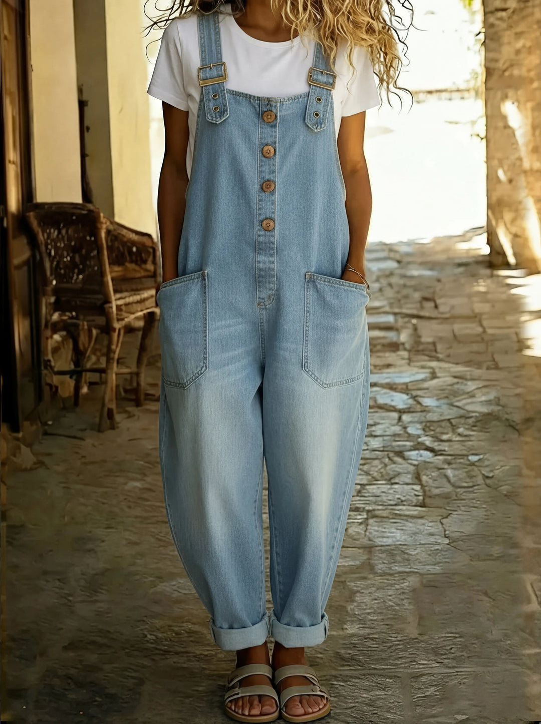 Tuinbroek dames | Denim jumpsuit met knopen en losse fit