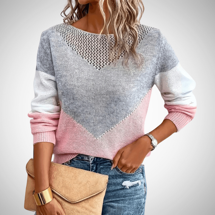 Colorblock Trui | Dames gebreide sweater in roze-grijs