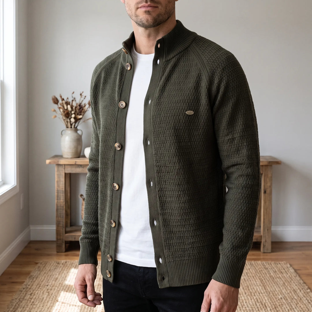Vest heren | Gebreid model met knopen en opstaande kraag